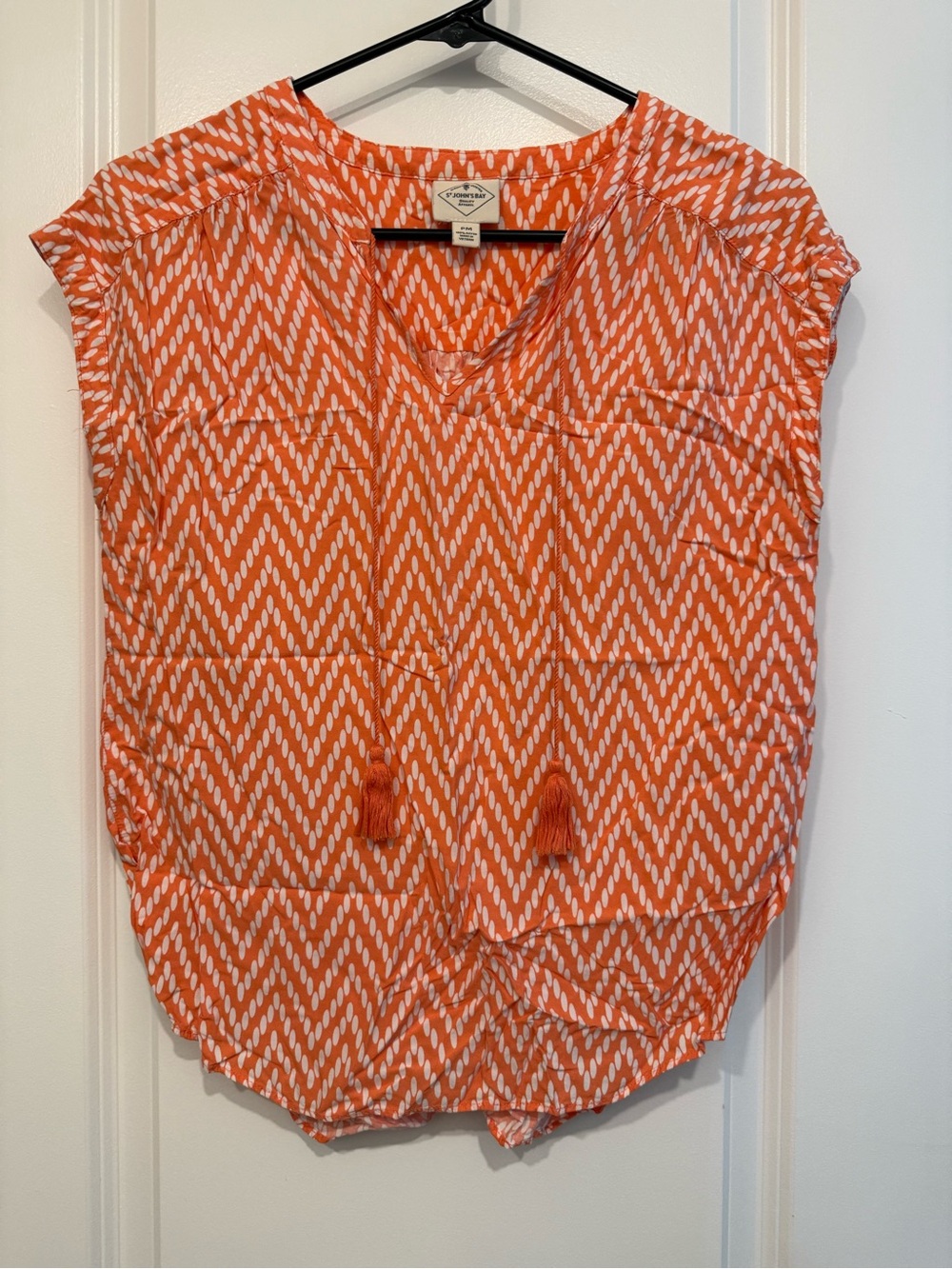 Women's Orange Chevron Tassel V-Neck Top, size petite medium